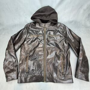 GUESS Men’s Brown Faux Leather Motorcycle Bomber Jacket Medium Detachable Hood